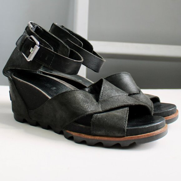 Sorel Women's Black Leather Joanie II Wedges Sandals Heels Size 9.5 - Picture 1 of 7